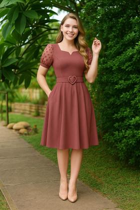 Imagem de Vestido Com Cinto Plus Size Gode Evangelico Elegante Decote Em V Manga Tule Tecido Premium