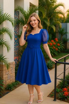 Imagem de Vestido Com Cinto Plus Size Gode Evangelico Elegante Decote Em V Manga Tule Tecido Premium