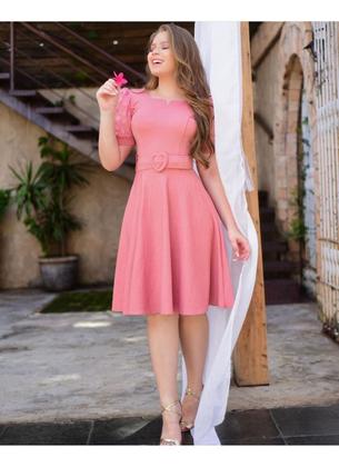 Imagem de Vestido Com Cinto Plus Size Gode Evangelico Elegante Decote Em V Manga Tule Tecido Premium