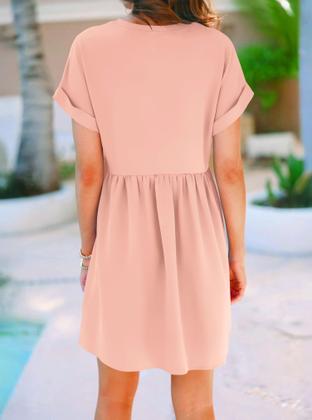 Imagem de Vestido curto feminino liher, moderno para o verão de 2025, decote em V, manga curta, uma linha, casual, fluído, rosa claro, pequeno