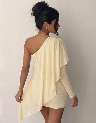 Imagem de Vestido Curto Feminino Um Ombro Só Manga Longa Assimétrico Em Tule Sexy Elegante