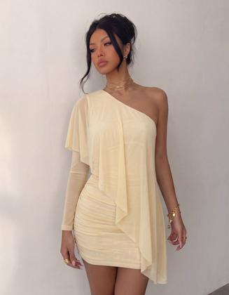 Imagem de Vestido Curto Feminino Um Ombro Só Manga Longa Assimétrico Em Tule Sexy Elegante