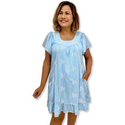 Imagem de Vestido Curto Indiano Manga Curta Algodão liso com Bordado