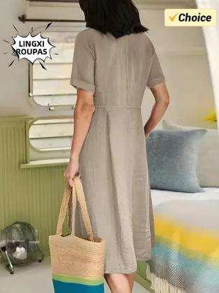 Imagem de Vestido De Algodão E Linho plus Size Com Decote Em V, Manga Curta, Botão Único, Elegante, Solto E