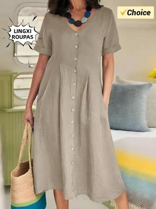 Imagem de Vestido De Algodão E Linho plus Size Com Decote Em V, Manga Curta, Botão Único, Elegante, Solto E