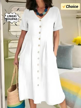 Imagem de Vestido De Algodão E Linho plus Size Com Decote Em V, Manga Curta, Botão Único, Elegante, Solto E