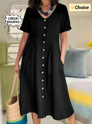 Imagem de Vestido De Algodão E Linho plus Size Com Decote Em V, Manga Curta, Botão Único, Elegante, Solto E