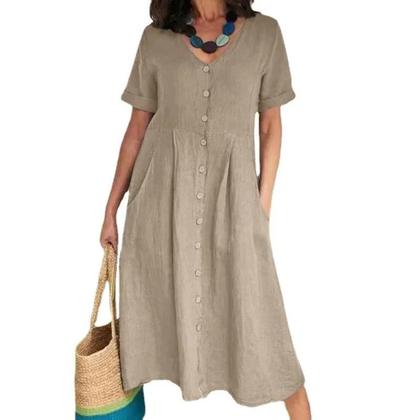 Imagem de Vestido De Algodão E Linho plus Size Com Decote Em V, Manga Curta, Botão Único, Elegante, Solto E