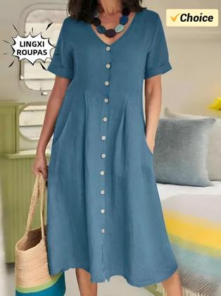 Imagem de Vestido De Algodão E Linho plus Size Com Decote Em V, Manga Curta, Botão Único, Elegante, Solto E