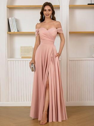 Imagem de Vestido de baile GODCUN Off Shoulder, cetim, evasê, longo, rosa blush