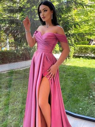 Imagem de Vestido de baile GODCUN Off Shoulder, cetim, evasê, longo, rosa blush