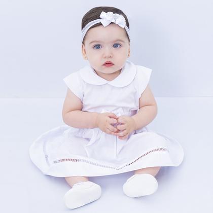 Imagem de Vestido de bebê batizado com bolero e tiara 100% algodão