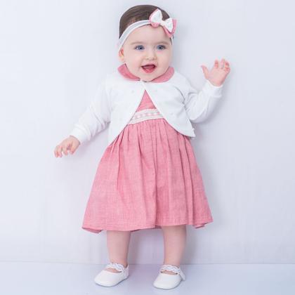 Imagem de Vestido de bebê com bolero com detalhe em pérola e tiara 100% algodão - carol