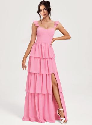 Imagem de Vestido de dama de honra Dessiny em camadas com alças espaguete azul aqua