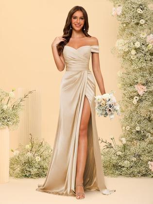 Imagem de Vestido de dama de honra Dessiny Long Off Shoulder Satin Aqua Blue