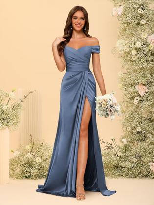 Imagem de Vestido de dama de honra Dessiny Long Off Shoulder Satin Aqua Blue