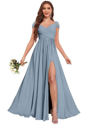 Imagem de Vestido de dama de honra JKMMYO Off Shoulder Dusty Rose Chiffon Long