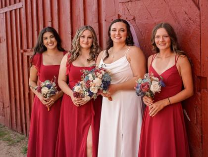 Imagem de Vestido de dama de honra Oisslec de manga curta em chiffon terracota