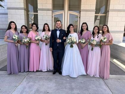 Imagem de Vestido de dama de honra TIRAS Flowy Chiffon com decote em V Slit Aqua 10