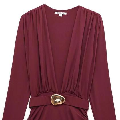 Imagem de Vestido De Festa Elegante De Manga Longa Com Babados Vermelho Para Mulheres Vestido De Primavera