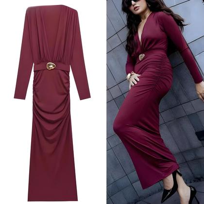 Imagem de Vestido De Festa Elegante De Manga Longa Com Babados Vermelho Para Mulheres Vestido De Primavera