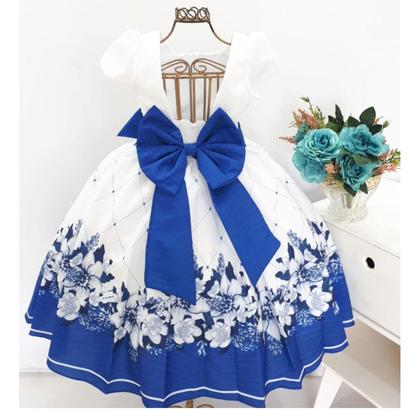 Imagem de Vestido De Festa Infantil Floral Azul Royal Florista Casamento E Tiara