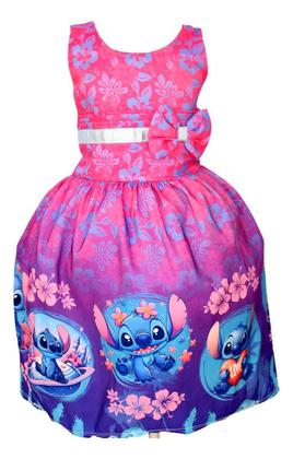 Imagem de Vestido De Festa Luxo Infantil Rosa Menina Stitch Tiara