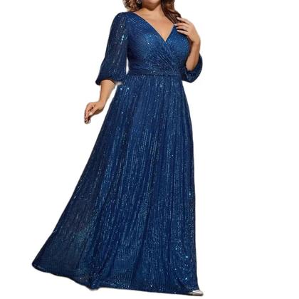 Imagem de Vestido De Festa plus Size Com Decote Em V E Lantejoulas, Manga Média, Estilo A, Para Formatura E