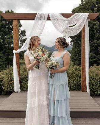 Imagem de Vestido de formatura Dessiny Sky Blue Chiffon em camadas com alças espaguete