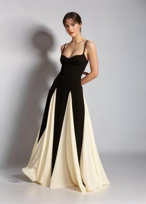 Imagem de Vestido de formatura EEMEII Spaghetti Straps Patchwork Preto Vermelho Longo