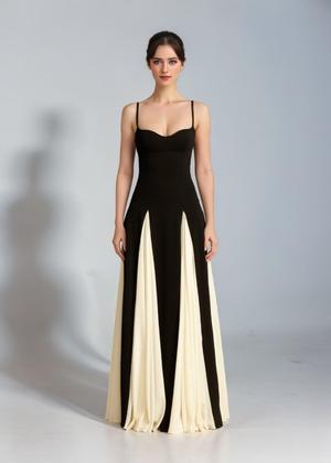 Imagem de Vestido de formatura EEMEII Spaghetti Straps Patchwork Preto Vermelho Longo