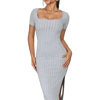 Imagem de Vestido De Malha Midi Justo Ao Corpo Com Decote Quadrado E Manga Curta Versátil Com Fenda