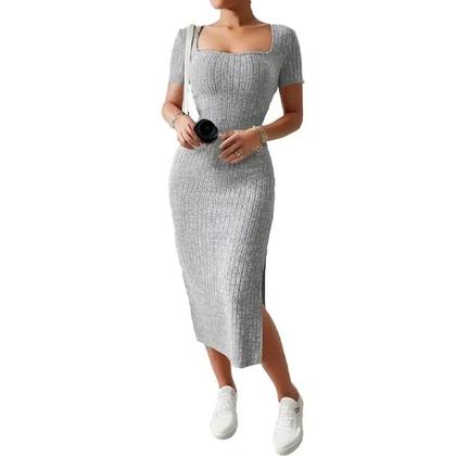 Imagem de Vestido De Malha Midi Justo Ao Corpo Com Decote Quadrado E Manga Curta Versátil Com Fenda
