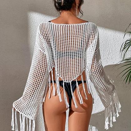 Imagem de Vestido De Praia Longo Com Franjas E Costas Descobertas Para Mulheres, Moda Para Férias Na Praia Com