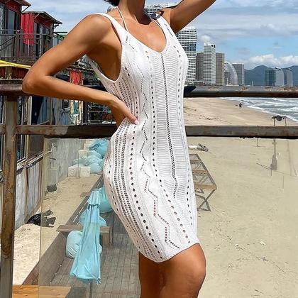 Imagem de Vestido De Praia Sexy Transparente De Malha Para Mulheres, Vestido Slip Com Recortes, Moda De Verão