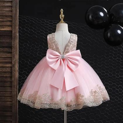 Imagem de Vestido De Princesa Bordado Com Laço Para Meninas, Vestido De Festa Com Costas Abertas Em Tule,