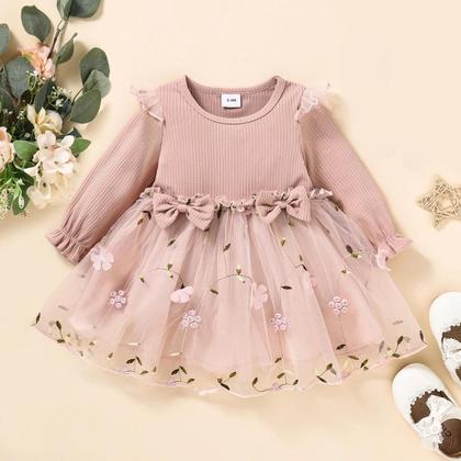 Imagem de Vestido de Princesa Rosa para Bebê Menina - Manga Longa - Malha Fina - Primavera/Outono