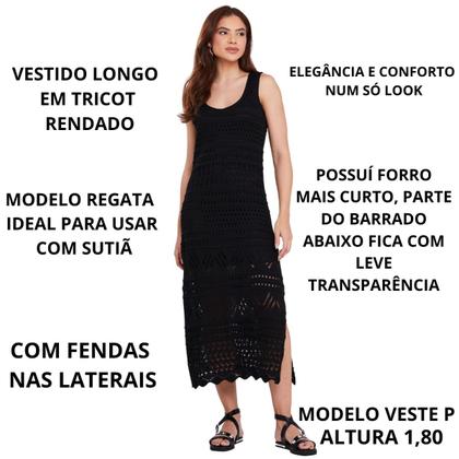 Imagem de Vestido de Tricot Feminino sem mangas longo rendado trama furadinha croche TR2501