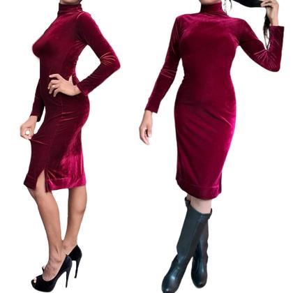 Imagem de Vestido de Veludo Roupas Moda Evangélica Midi Tubinho Social Manga Longa Cor de Vinho