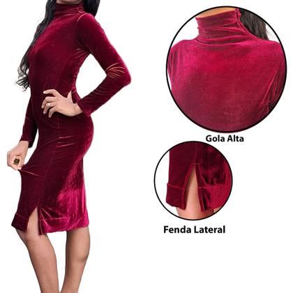 Imagem de Vestido de Veludo Roupas Moda Evangélica Midi Tubinho Social Manga Longa Cor de Vinho