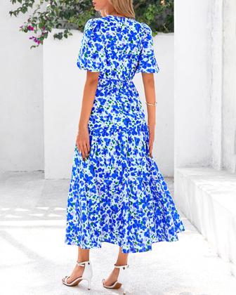 Imagem de Vestido de verão feminino casual com decote em V, floral, maxi e bolsos