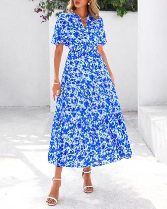 Imagem de Vestido de verão feminino casual com decote em V, floral, maxi e bolsos