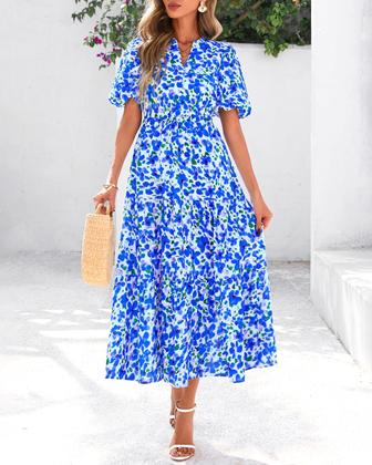 Imagem de Vestido de verão feminino casual com decote em V, floral, maxi e bolsos
