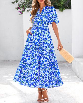 Imagem de Vestido de verão feminino casual com decote em V, floral, maxi e bolsos