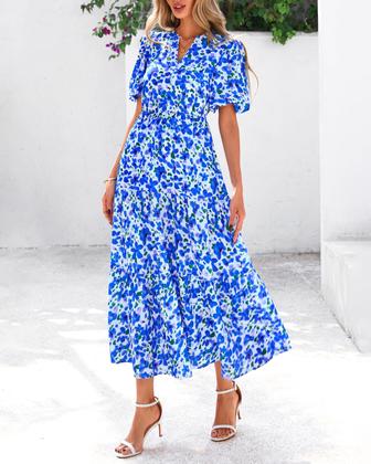 Imagem de Vestido de verão feminino casual com decote em V, floral, maxi e bolsos