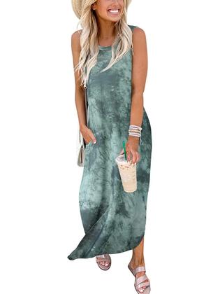Imagem de Vestido de verão Jeqeocafy, solto, longo, sem mangas, vestido maxi dividido