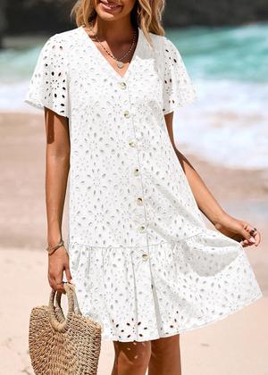 Imagem de Vestido de verão KIRUNDO 2025 com botões e decote em V, renda, branco, XL