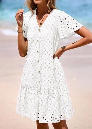 Imagem de Vestido de verão KIRUNDO 2025 com botões e decote em V, renda, branco, XL