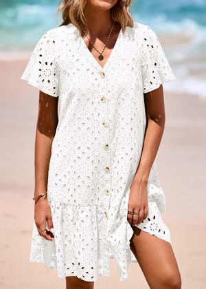 Imagem de Vestido de verão KIRUNDO 2025 com botões e decote em V, renda, branco, XL