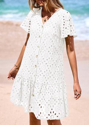 Imagem de Vestido de verão KIRUNDO 2025 com botões e decote em V, renda, branco, XL